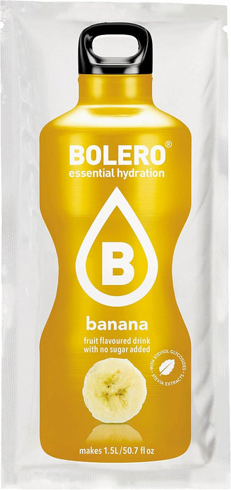 Bolero Bebida Instantánea Sabor Plátano, Pack de 12x9g. Un refresco en polvo bajo en calorías y sin azúcar con Stevia, ideal para la hidratación diaria o durante el deporte. Bolero - pack