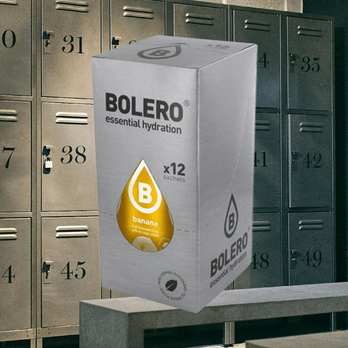 Bolero Bebida Instantánea Sabor Plátano, Pack de 12x9g. Un refresco en polvo bajo en calorías y sin azúcar con Stevia, ideal para la hidratación diaria o durante el deporte. Bolero - uso