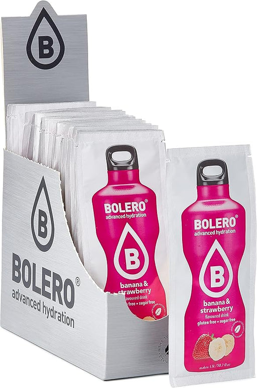 Bolero Bebida Instantánea Sabor Plátano y Fresa, Caja de 24x9g. Preparado en polvo sin azúcar, con Stevia y Vitamina C para una hidratación saludable, baja en calorías y llena de sabor. Bolero - frontal