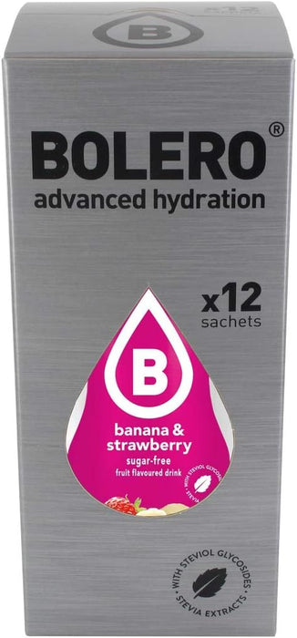 Bolero Bebida Instantánea Sabor Plátano y Fresa, Pack de 12x9g. Un refresco en polvo sin azúcar, bajo en calorías y con Stevia, ideal para la hidratación diaria o deportiva. Bolero - detalle