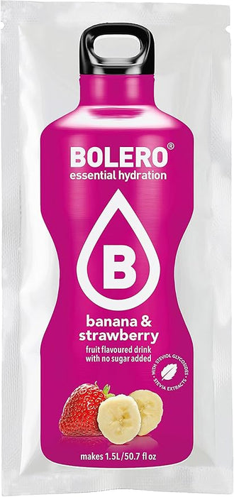 Bolero Bebida Instantánea Sabor Plátano y Fresa, Pack de 12x9g. Un refresco en polvo sin azúcar, bajo en calorías y con Stevia, ideal para la hidratación diaria o deportiva. Bolero - frontal