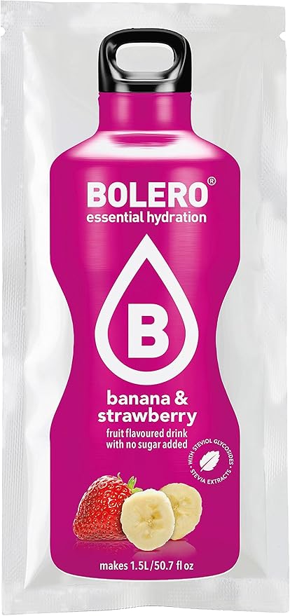 Bolero Bebida Instantánea Sabor Plátano y Fresa, Pack de 12x9g. Un refresco en polvo sin azúcar, bajo en calorías y con Stevia, ideal para la hidratación diaria o deportiva. Bolero - frontal