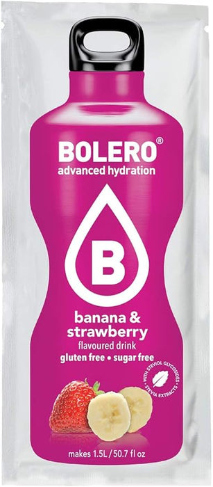 Bolero Bebida Instantánea Sabor Plátano y Fresa, Pack de 12x9g. Un refresco en polvo sin azúcar, bajo en calorías y con Stevia, ideal para la hidratación diaria o deportiva. Bolero - ingredientes