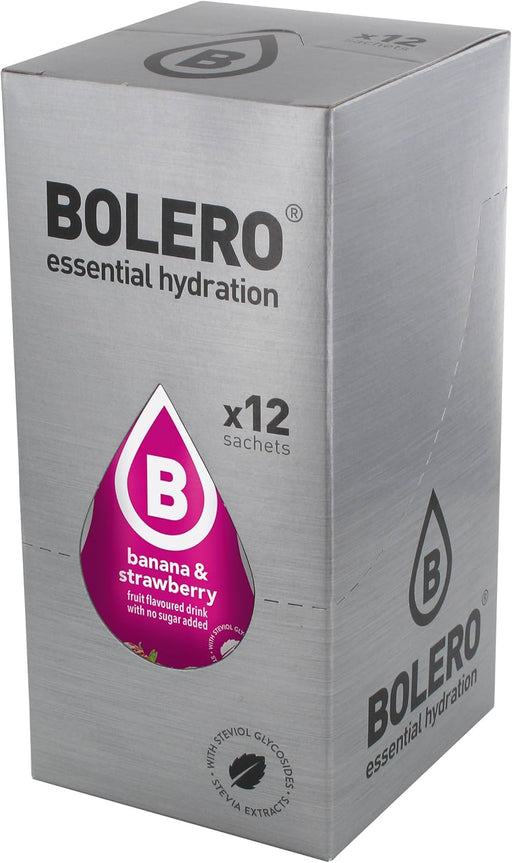 Bolero Bebida Instantánea Sabor Plátano y Fresa, Pack de 12x9g. Un refresco en polvo sin azúcar, bajo en calorías y con Stevia, ideal para la hidratación diaria o deportiva. Bolero - pack