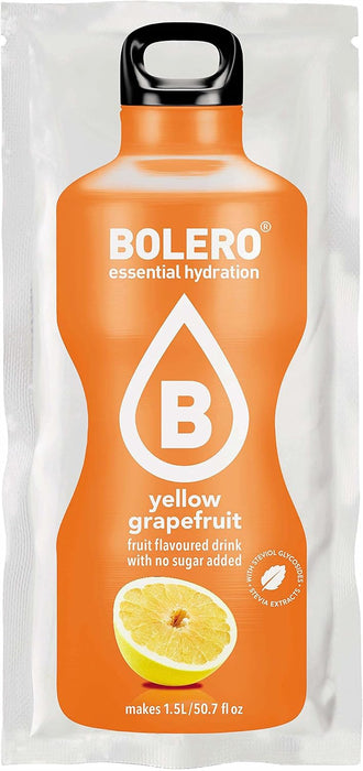 Bolero Bebida Instantánea Sabor Pomelo Amarillo, Pack de 12x9g. Un refresco en polvo sin azúcar, bajo en calorías y con Stevia para una hidratación saludable y llena de sabor. Bolero - extra