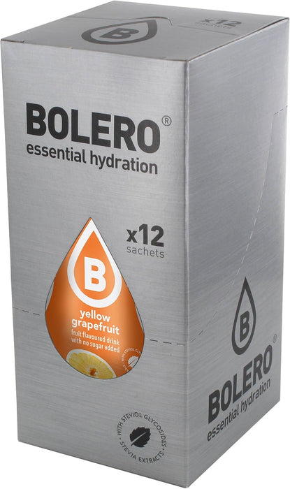 Bolero Bebida Instantánea Sabor Pomelo Amarillo, Pack de 12x9g. Un refresco en polvo sin azúcar, bajo en calorías y con Stevia para una hidratación saludable y llena de sabor. Bolero - pack