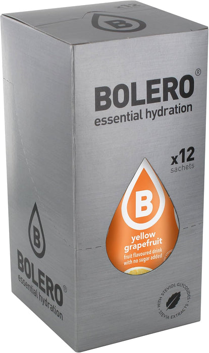 Bolero Bebida Instantánea Sabor Pomelo Amarillo, Pack de 12x9g. Un refresco en polvo sin azúcar, bajo en calorías y con Stevia para una hidratación saludable y llena de sabor. Bolero - presentacion