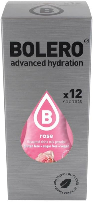 Bolero Bebida Instantánea Sabor Rosa, Pack de 12x9g. Un refresco en polvo bajo en calorías y sin azúcar con Stevia, ideal para la hidratación diaria o durante el deporte. Bolero - frontal