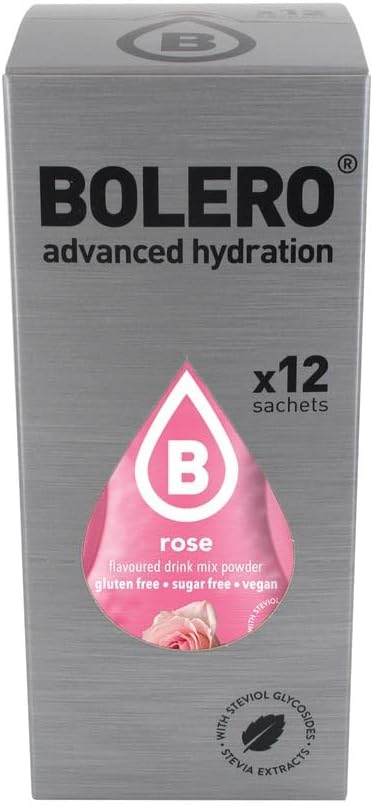 Bolero Bebida Instantánea Sabor Rosa, Pack de 12x9g. Un refresco en polvo bajo en calorías y sin azúcar con Stevia, ideal para la hidratación diaria o durante el deporte. Bolero - frontal