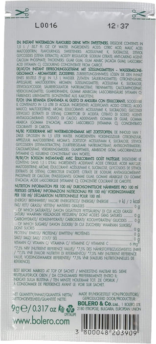 Bolero Bebida Instantánea Sabor Sandía, Caja de 24x9g. Preparado en polvo sin azúcar con Stevia y Vitamina C, un refresco saludable y bajo en calorías para una hidratación total. Bolero - detalle