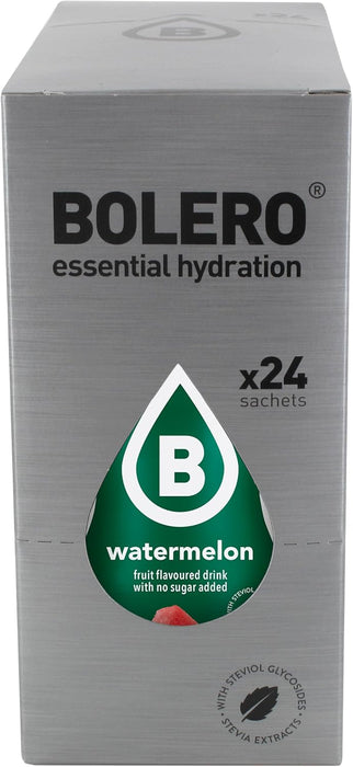 Bolero Bebida Instantánea Sabor Sandía, Caja de 24x9g. Preparado en polvo sin azúcar con Stevia y Vitamina C, un refresco saludable y bajo en calorías para una hidratación total. Bolero - presentacion