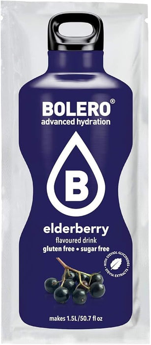 Bolero Bebida Instantánea Sabor Saúco, Pack de 12x9g. Un refresco en polvo sin azúcar, bajo en calorías y con Stevia para una hidratación saludable con un sabor único y floral. Bolero - frontal