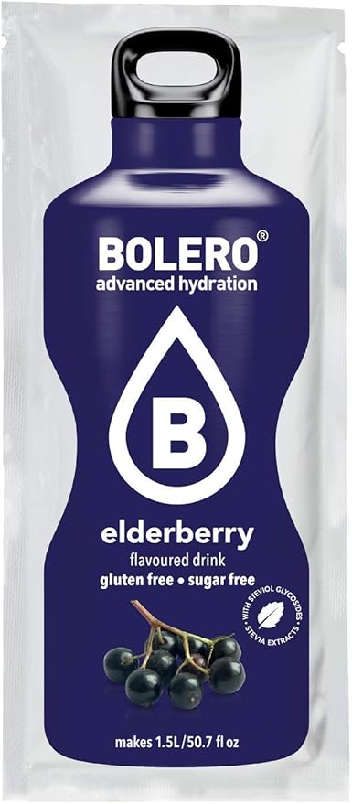 Bolero Bebida Instantánea Sabor Saúco, Pack de 12x9g. Un refresco en polvo sin azúcar, bajo en calorías y con Stevia para una hidratación saludable con un sabor único y floral. Bolero - frontal