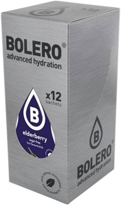 Bolero Bebida Instantánea Sabor Saúco, Pack de 12x9g. Un refresco en polvo sin azúcar, bajo en calorías y con Stevia para una hidratación saludable con un sabor único y floral. Bolero - frontal