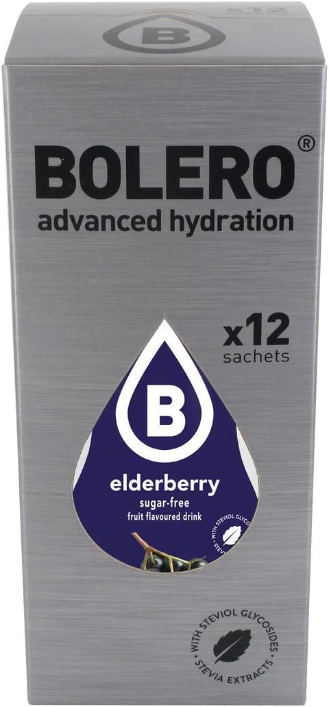 Bolero Bebida Instantánea Sabor Saúco, Pack de 12x9g. Un refresco en polvo sin azúcar, bajo en calorías y con Stevia para una hidratación saludable con un sabor único y floral. Bolero - pack
