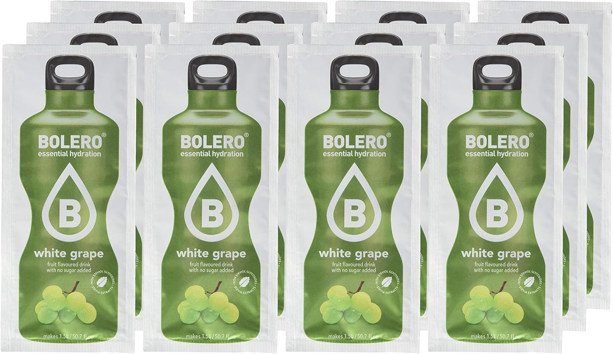 Bolero Bebida Instantánea Sabor Uva Blanca, Pack de 12x9g. Un refresco en polvo sin azúcar, sin gluten y con Stevia, enriquecido con Vitamina C. Apto para dietas saludables. Bolero - extra