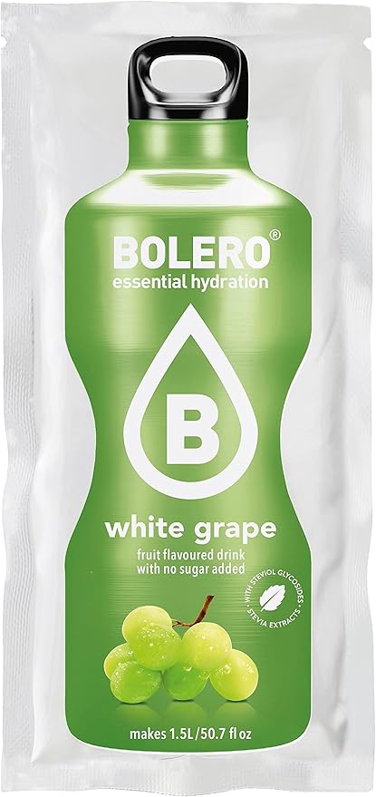 Bolero Bebida Instantánea Sabor Uva Blanca, Pack de 12x9g. Un refresco en polvo sin azúcar, sin gluten y con Stevia, enriquecido con Vitamina C. Apto para dietas saludables. Bolero - frontal