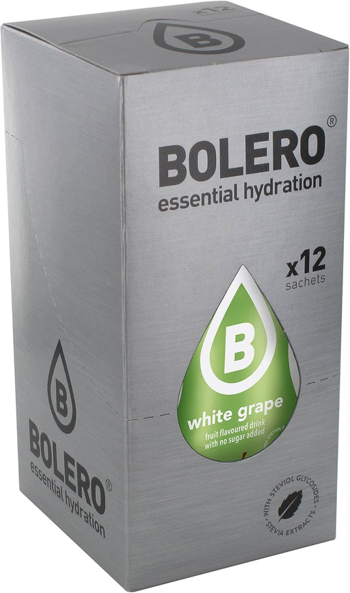 Bolero Bebida Instantánea Sabor Uva Blanca, Pack de 12x9g. Un refresco en polvo sin azúcar, sin gluten y con Stevia, enriquecido con Vitamina C. Apto para dietas saludables. Bolero - pack