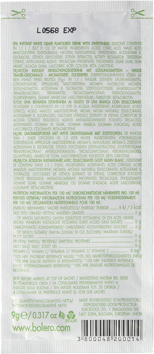 Bolero Bebida Instantánea Sabor Uva Blanca, Pack de 12x9g. Un refresco en polvo sin azúcar, sin gluten y con Stevia, enriquecido con Vitamina C. Apto para dietas saludables. Bolero - presentacion