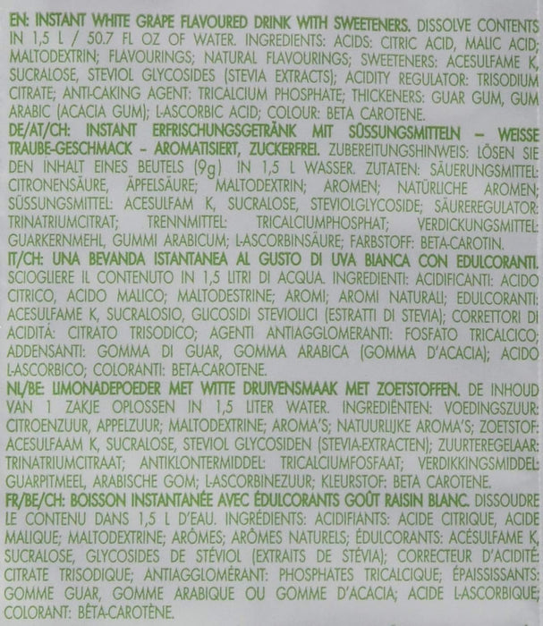 Bolero Bebida Instantánea Sabor Uva Blanca, Pack de 12x9g. Un refresco en polvo sin azúcar, sin gluten y con Stevia, enriquecido con Vitamina C. Apto para dietas saludables. Bolero - zoom
