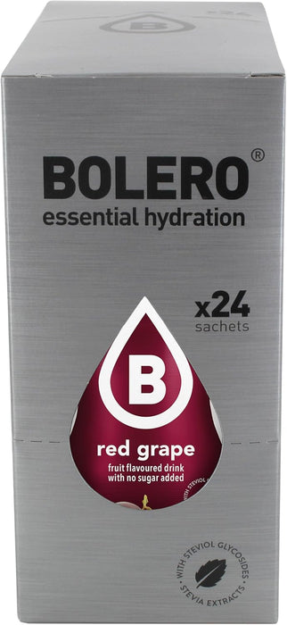 Bolero Bebida Instantánea Sabor Uva Roja, Caja de 24x9g. Un refresco en polvo bajo en calorías y sin azúcar con Stevia, ideal para la hidratación diaria o deportiva. Bolero - detalle