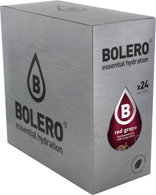 Bolero Bebida Instantánea Sabor Uva Roja, Caja de 24x9g. Un refresco en polvo bajo en calorías y sin azúcar con Stevia, ideal para la hidratación diaria o deportiva. Bolero - frontal