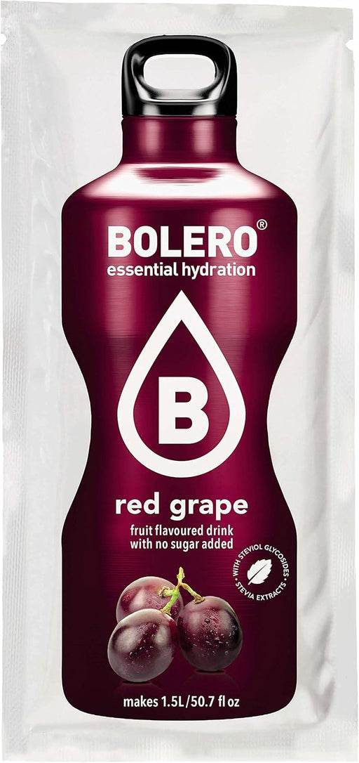 Bolero Bebida Instantánea Sabor Uva Roja, Caja de 24x9g. Un refresco en polvo bajo en calorías y sin azúcar con Stevia, ideal para la hidratación diaria o deportiva. Bolero - pack