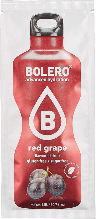 Bolero Bebida Instantánea Sabor Uva Roja, Caja de 24x9g. Un refresco en polvo bajo en calorías y sin azúcar con Stevia, ideal para la hidratación diaria o deportiva. Bolero - uso