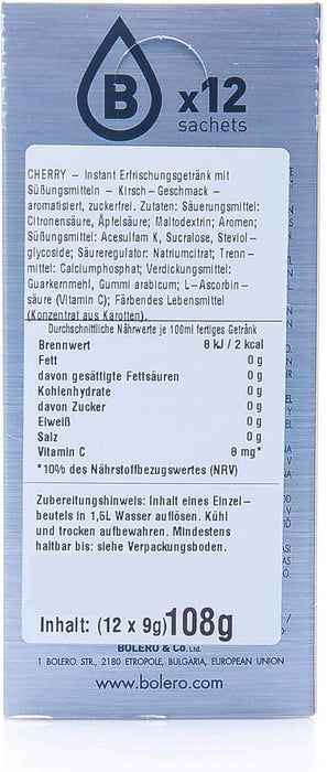 Bolero Bebida Instantánea Sin Azúcar, Sabor Cereza, Pack de 12x9g. Un refresco en polvo bajo en calorías y carbohidratos, con Stevia y Vitamina C. Bolero - detalle