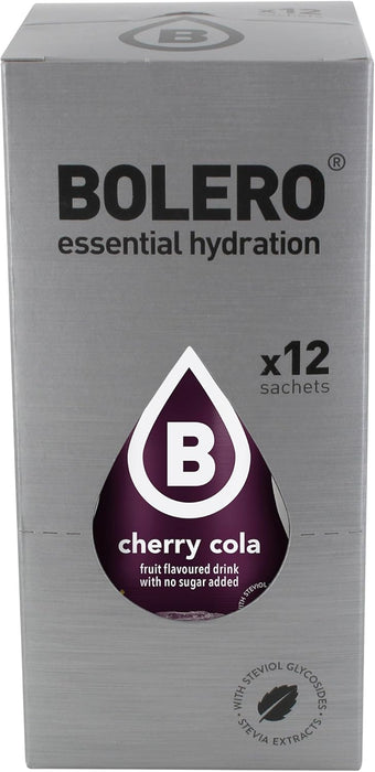 Bolero Bebida Instantánea Sin Azúcar, Sabor Cereza-Kola, Pack de 12x9g. Un refresco en polvo bajo en calorías y carbohidratos, con Stevia y sin conservantes artificiales. Bolero - detalle