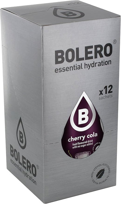 Bolero Bebida Instantánea Sin Azúcar, Sabor Cereza-Kola, Pack de 12x9g. Un refresco en polvo bajo en calorías y carbohidratos, con Stevia y sin conservantes artificiales. Bolero - frontal