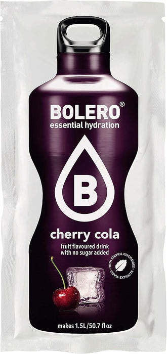 Bolero Bebida Instantánea Sin Azúcar, Sabor Cereza-Kola, Pack de 12x9g. Un refresco en polvo bajo en calorías y carbohidratos, con Stevia y sin conservantes artificiales. Bolero - pack