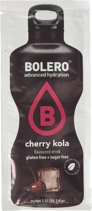 Bolero Bebida Instantánea Sin Azúcar, Sabor Cereza-Kola, Pack de 12x9g. Un refresco en polvo bajo en calorías y carbohidratos, con Stevia y sin conservantes artificiales. Bolero - presentacion