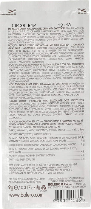Bolero Bebida Instantánea Sin Azúcar, Sabor Cereza-Kola, Pack de 12x9g. Un refresco en polvo bajo en calorías y carbohidratos, con Stevia y sin conservantes artificiales. Bolero - zoom