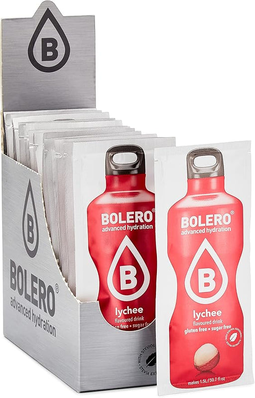 Bolero Bebida Instantánea Sin Azúcar, Sabor Lichi, Pack de 24x9g. Un refresco en polvo bajo en calorías y carbohidratos, con Stevia y Vitamina C. Bolero - frontal
