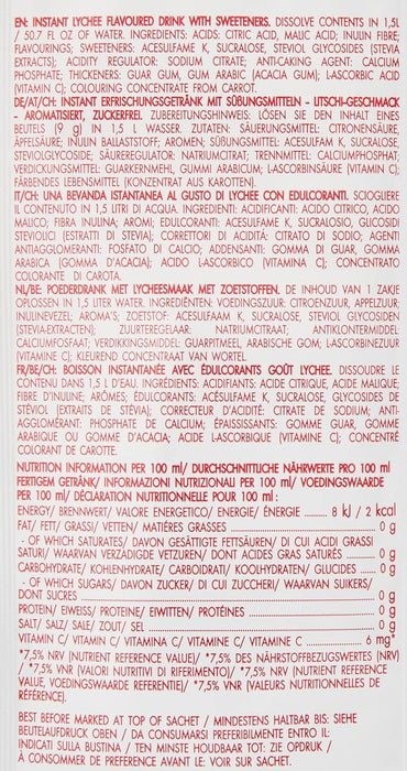 Bolero Bebida Instantánea Sin Azúcar, Sabor Lichi, Pack de 24x9g. Un refresco en polvo bajo en calorías y carbohidratos, con Stevia y Vitamina C. Bolero - presentacion