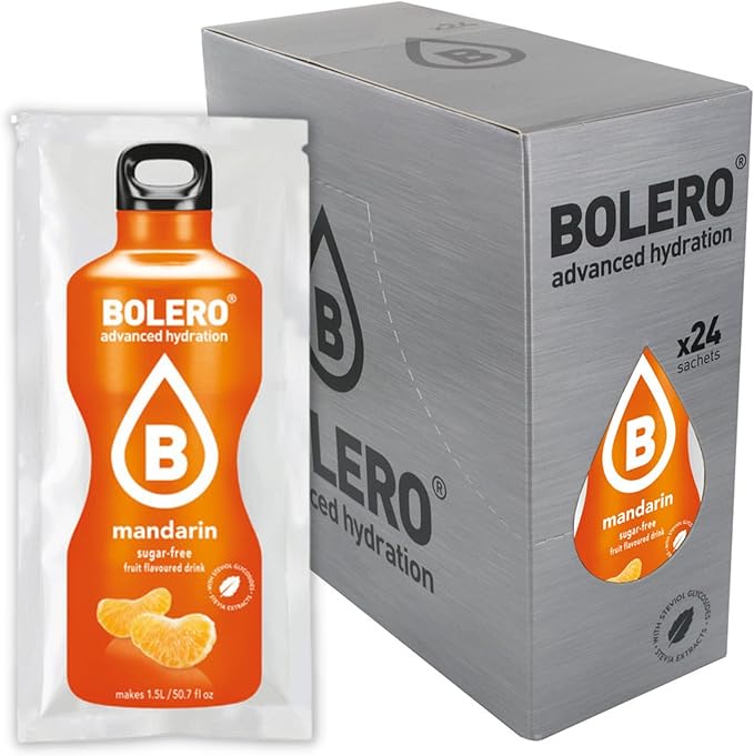 Bolero Bebida Instantánea Sin Azúcar, Sabor Mandarina, Pack de 24x9g. Un refresco en polvo bajo en calorías y carbohidratos, con Stevia y Vitamina C. Bolero - frontal