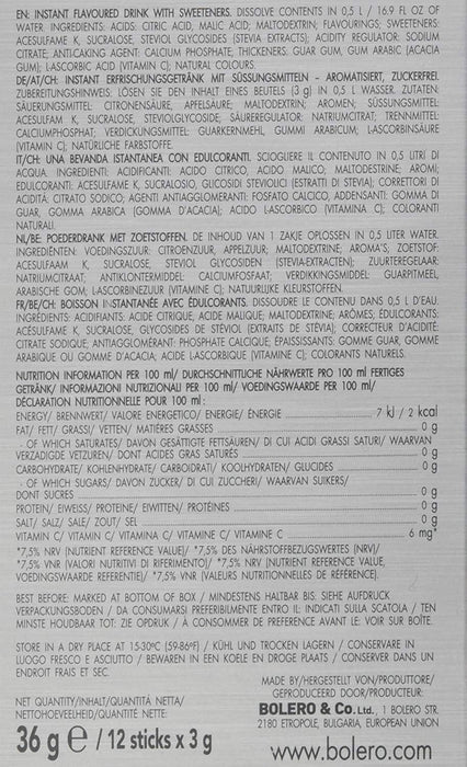 Bolero Bebida Instantánea Sin Azúcar, Sabor Mandarina, Pack de 24x9g. Un refresco en polvo bajo en calorías y carbohidratos, con Stevia y Vitamina C. Bolero - presentacion