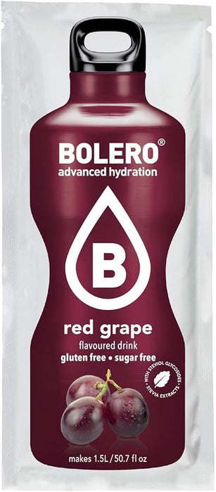 Bolero Bebida Instantánea Sin Azúcar, Sabor Uva Roja, Pack de 12x9g. Un refresco en polvo bajo en calorías y carbohidratos, con Stevia y Vitamina C. Bolero - frontal