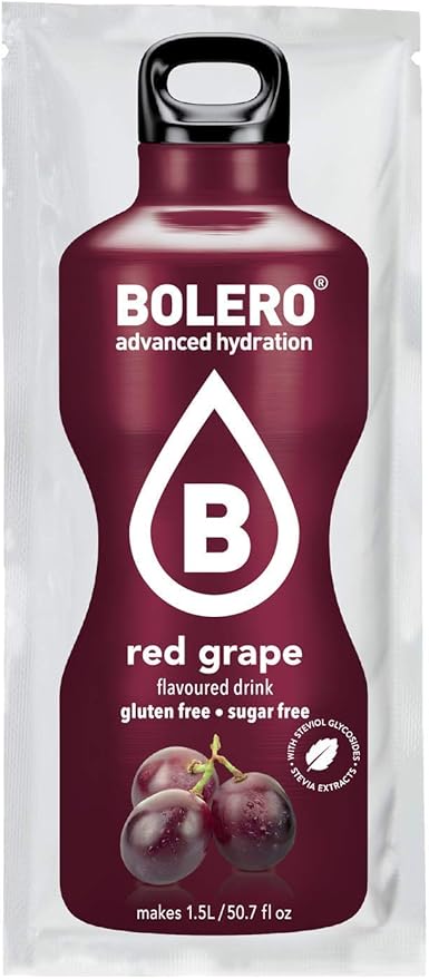 Bolero Bebida Instantánea Sin Azúcar, Sabor Uva Roja, Pack de 12x9g. Un refresco en polvo bajo en calorías y carbohidratos, con Stevia y Vitamina C. Bolero - frontal