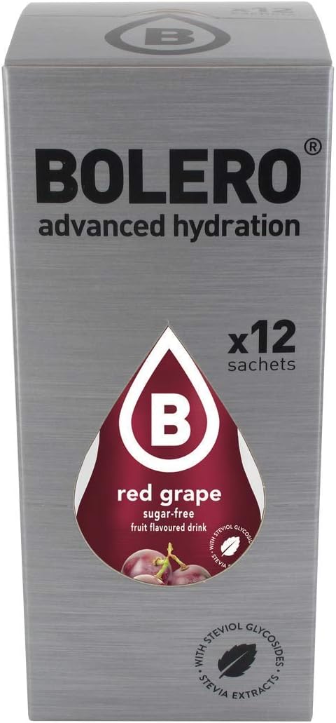 Bolero Bebida Instantánea Sin Azúcar, Sabor Uva Roja, Pack de 12x9g. Un refresco en polvo bajo en calorías y carbohidratos, con Stevia y Vitamina C. Bolero - pack