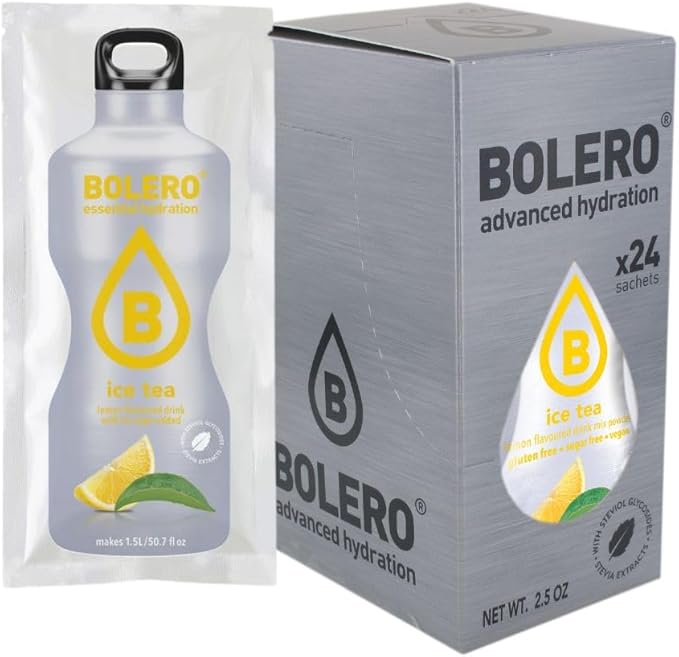 Bolero Bebida Instantánea Té Helado Limón, Caja de 24x8g. Refresco en polvo sin azúcar con Stevia y Vitamina C, ideal para diabéticos y dietas bajas en calorías. Bolero - extra