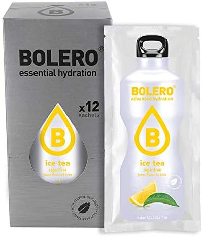Bolero Bebida Instantánea Té Helado Limón, Pack de 12x8g. Un refresco en polvo sin azúcar con Stevia y Vitamina C para disfrutar de una hidratación cítrica, saludable y deliciosa. Bolero - frontal