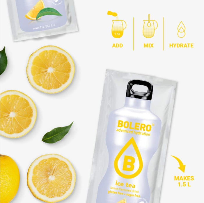 Bolero Bebida Instantánea Té Helado Limón, Pack de 12x8g. Un refresco en polvo sin azúcar con Stevia y Vitamina C para disfrutar de una hidratación cítrica, saludable y deliciosa. Bolero - lateral