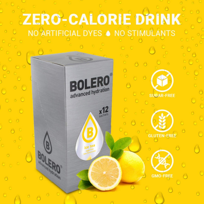 Bolero Bebida Instantánea Té Helado Limón, Pack de 12x8g. Un refresco en polvo sin azúcar con Stevia y Vitamina C para disfrutar de una hidratación cítrica, saludable y deliciosa. Bolero - detalle