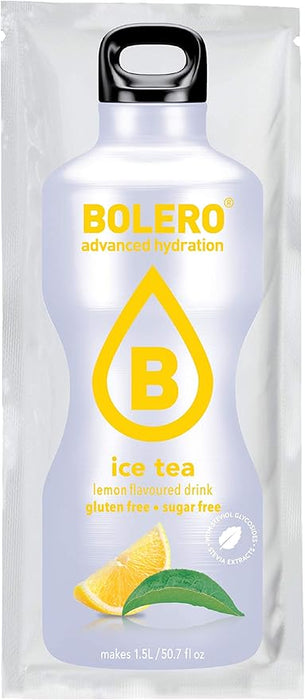 Bolero Bebida Instantánea Té Helado Limón, Pack de 12x8g. Un refresco en polvo sin azúcar con Stevia y Vitamina C para disfrutar de una hidratación cítrica, saludable y deliciosa. Bolero - presentacion