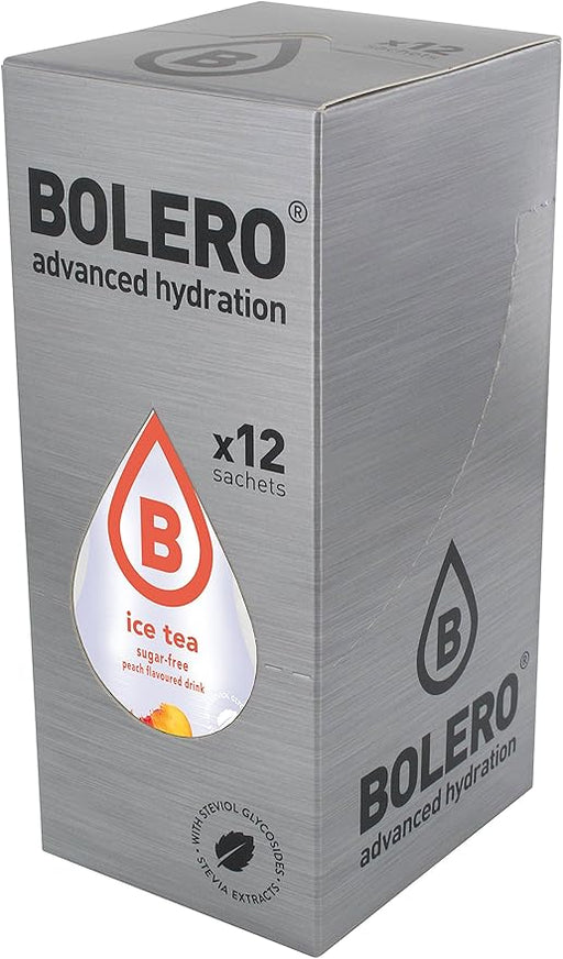 Bolero Bebida Instantánea Té Helado Melocotón, Pack 12x9g. Un refresco saludable sin azúcar ni gluten, bajo en calorías y carbohidratos, ideal para diabéticos y celíacos. Bolero - frontal