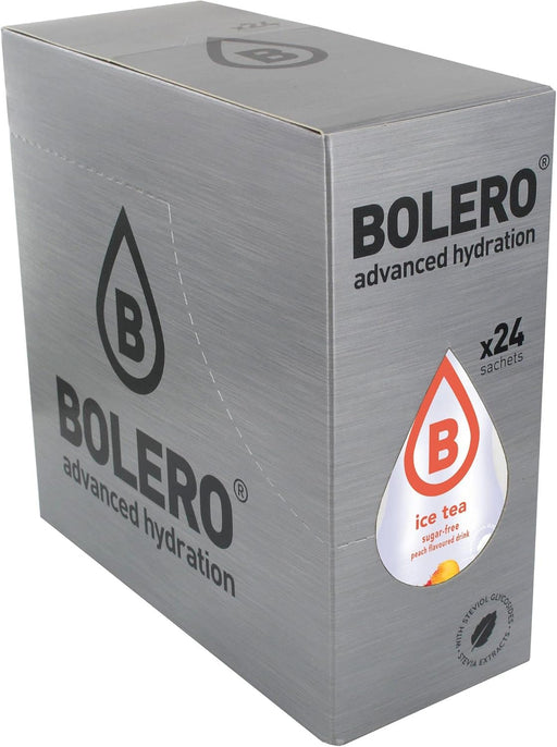 Bolero Bebida Instantánea Té Helado Sabor Melocotón, Caja de 24x8g. Refresco en polvo sin azúcar, endulzado con Stevia y con Vitamina C, ideal para diabéticos y dietas saludables. Bolero - frontal