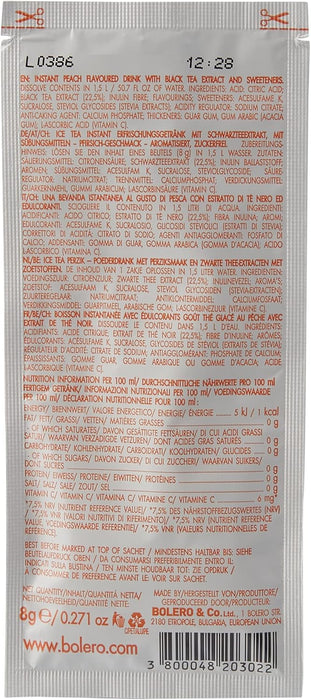 Bolero Bebida Instantánea Té Helado Sabor Melocotón, Caja de 24x8g. Refresco en polvo sin azúcar, endulzado con Stevia y con Vitamina C, ideal para diabéticos y dietas saludables. Bolero - ingredientes