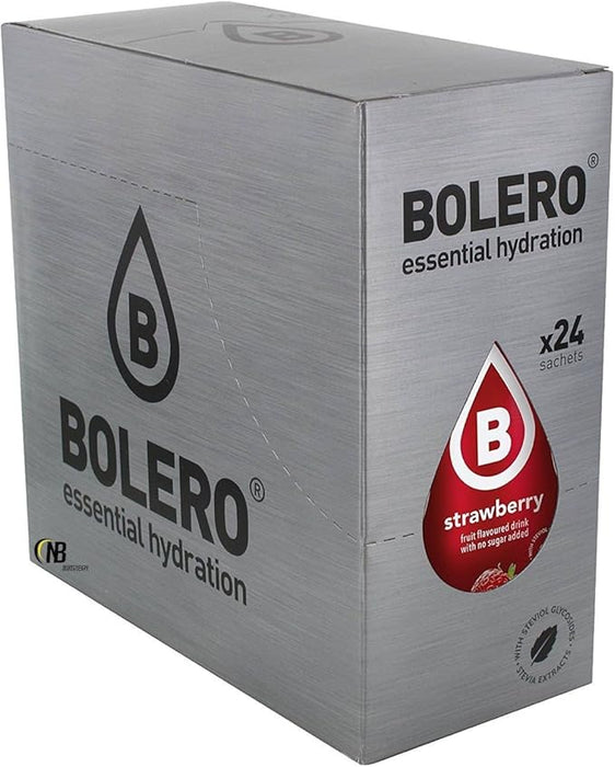 Bolero Bebida Sabor Fresa, Caja de 24x9g. Preparado en polvo sin azúcar ni carbohidratos, con Stevia y Vitamina C para una hidratación deliciosa y saludable. Bolero - frontal